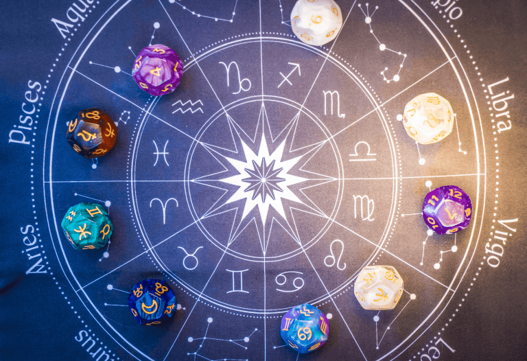 Astrological chart with zodiac sign symbols and colorful dice representing spiritual journey and personal growth.