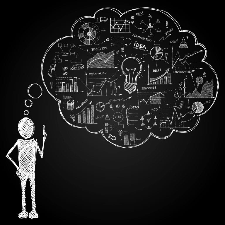 Creative chalk drawing of strategic thinking and ideas on a blackboard.